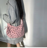 Daiiibabyyy  Streetwear Polka Dot Office Lady Shoulder Bag Women Canvas Drawstring Pleated Hobo Bags Y2k Aesthetic Handbags Crossbody Korean