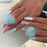 Daiiibabyyy  24Pcs Mid-length Ballet False Nail with Blue French 3D Flower Design Press on Nails Reusable Finished Full Cover Fake Nails Tips