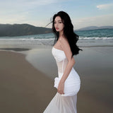 DAIIIBABYYY  -  Summer Holiday Fashion Strapless White Long Dress Women Sexy Hot Sheer Transparent Mesh Dress Robe Vacation Seaside Fairy Dress