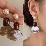 Daiiibabyyy  Design Sense Coffee Color Geometry Dangle Earrings for Women Girl Retro Resin Fan Drop Earrings Friendship Jewelry Gifts