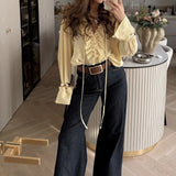 Daiiibabyyy  2025 Elegant Sexy Chiffon Summer Tops Pleated Ruffles Trim V-neck Long Sleeved Sheer Loose Shirts Blouse Holiday Streetwear