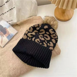 Daiiibabyyy  Trendy Thickened Leopard Print Hat Cozy Curled Edge Wool Ball Hat Warmth Knitted Hat Autumn Winter Outdoor Wear