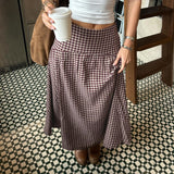 Daiiibabyyy  French Vintage Long Skirt For Women Casual Low Waist Plaid A Line Skirt Spring Summer Daily Commute Holiday Outfit Trend
