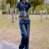 DAIIIBABYYY  -  European Hot-selling Fashion Heavy-duty Denim Suit for Women Autumn Casual Jacket Korean Wide-leg Pants Age-reducing Two-piece