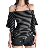 Daiiibabyyy  Elegant Striped Off Shoulder Blouse with Halter Neck and 3 4 Batwing Sleeves Perfect for Stylish Fall Outfits