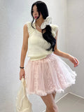 DAIIIBABYYY  -  Korean 2025 Chic Summer Sweet Temperament Patchwork Fungus Lace High Waist Versatile Fluffy Mesh Short Skirt Women