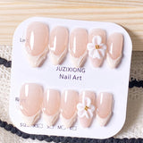 Daiiibabyyy  10pcs Handmade Nude Press-On Nails - 3D White Flower & Gold Studs Decor, Elegant Romantic Nail Supplies
