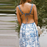 DAIIIBABYYY  -  Summer Fashion Blue Print Women's Dress Casual Vacation Deep V-neck Suspenders Dress Sexy Hollow Backless Tie Up Maxi Dress