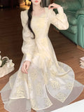 DAIIIBABYYY  -  Autumn Elegant Princess Midi Dresses for Women Vintage Square Collar Long Sleeve Floral A-line Korean Fashion One Piece Vestido