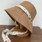 Daiiibabyyy  Womens' Polka Dot Fisherman's Hat Wide-brimmed with Fold-Down Brim Rustic Style Large Head Circumference Tie-Back Bucket Hat