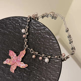 Daiiibabyyy  Y2K Pink Metal Starfish Flower Pendant Necklace for Women Men Luxury Imitation Pearl Beads Choker Clavicle Chain Trendy Jewelry