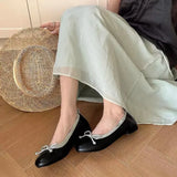 Daiiibabyyy  Women New Single Shoes Round Toe Bow Detail Check Pattern Patchwork Sole Thick Heel Lightweight Street Flat Footwear