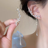Daiiibabyyy  Shiny Zircon Long Chain Tassel Pendant Ear Clip for Women Luxury Flower Ear Needles Ear Clips Earrings Fashion Wedding Jewelry