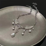 Daiiibabyyy  Silver-Color Crystal Wing Necklace for Women Luxury Delicate Moon Water Drop Pendant Necklace Temperament Romantic Accessories