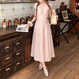 Daiiibabyyy  Women's Clothing French Style V-Neck Long Dress Stylish Drawstring Bow Summer Short Sleeve Vintage Elegant A-Line Waist Dresses