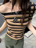 DAIIIBABYYY  -  Women Harajuku Knitted Contrast Color Stripe Tops Y2k Aesthetic Sexy Slash Neck Tees Summer Slim Fit Streetwear Grunge Tshirts