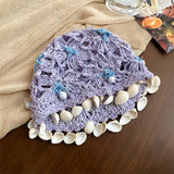 DAIIIBABYYY  -  Bohemian Ethnic Style Shell Pendant Hollow Pullover Hat Women's Summer Fashion Breathable Handmade Crochet Knitted Beanie Cap