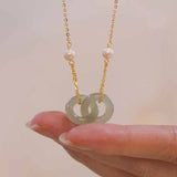 Daiiibabyyy Elbow Bead Chain Hetian Jade Necklace for Women Girl Gift Fresh Temperament Ins Fashion Peace Ｈappiness Jewelry