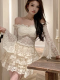 DAIIIBABYYY  -  Y2K Sweet Skirt Sutis Sexy Slash Neck Flare Long Sleeve Lace Short Top + Slim Waist A-Line Mini Skirt Womens Two Pieces Set New