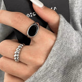 DAIIIBABYYY  -  Y2K Punk Croissant Shape Open Ring for Women Simple Oval Black Glazed Elegant Pearl Wide Face Finger Accessories Fashion Jewelry