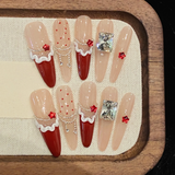 Daiiibabyyy  10pcs Christmas Handmade Nails Tips Snowman Cake Design Extra Long Oval Fake Nail Art French False Nail Bow Press on Nails Sets