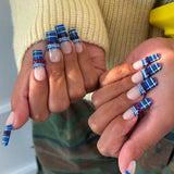 Daiiibabyyy  24pcs Vintage French Style Stripes Press On Nails Cartoon Ladybug Button Designs Coffin False Nails Blue Brown Plaid Fake Nail