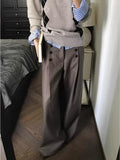 Daiiibabyyy  Brown Wide Leg Women Suit Pants Vintage Button Pleated Old Money Style Straight Trousers Baggy A-Line Basic Casual