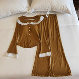 Daiiibabyyy  Lace Sleepwear Women Pajamas Set with Pad Spring Piiama Korean Casual Home Wear New Button Long Sleeve Sets 2 Pieces Night Wears