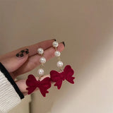 DAIIIBABYYY  -  Wine Red Flocking Bow-knot Rhinestone Pearl Tassel Drop Earrings for Women Korean Fashion Winter New Year Party Earring Jewelry