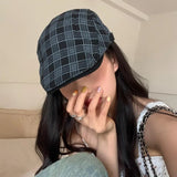 Daiiibabyyy Retro British Style Plaid Forward Hats for Men and Women Spring Summer Travel Versatile Sunscreen Casual Literary Berets Cap