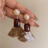Daiiibabyyy  Design Sense Coffee Color Geometry Dangle Earrings for Women Girl Retro Resin Fan Drop Earrings Friendship Jewelry Gifts