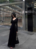 Daiiibabyyy  French Knitted Long Dress Coat Women's Early Spring Design Waist Cinching Gown Elegant Classy A- Line Skirt