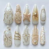 Daiiibabyyy  24PCS 3D White Seashell Almond False Nails Summer Ocean Seastar French Ins Nail Tips Beach Style Wearable Sweet Cool Fake Nails