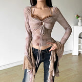 DAIIIBABYYY  -  New Women's Solid Color Slim Fit with Exposed Navel Fashion V-neck Hanging Neck Long Sleeved Top for Women