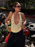 Daiiibabyyy  Women Sexy Deep V Neck Halter Top Yellow Silver Sequin Backless Sleeveless Wrinkled Casual Ladies Summer Seaside Chic Wear
