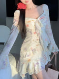 DAIIIBABYYY  -  Women's Fairy Dress New French Square Collar Long Sleeve Sweet Floral Print Dresses Fashion Ruffled Beach Vocation A-Line Frock