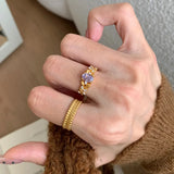 Daiiibabyyy  French Style Retro Geometric Design Gold Color Rings Inlaid Ice Flower Purple Zircon Ring Women's Banquet Party Jewelry
