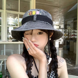 DAIIIBABYYY  -  Cute Bear Cowboy Hats Women Japanese Drawstring Bucket Hat Spring and Summer Outdoor Sunscreen Camping Mountaineering Sun Cap
