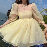 DAIIIBABYYY  -  Little Fresh Short Skirt Super Fairy Princess Skirt Summer Retro Square Neck Bubble Sleeves Light Yellow Fluffy Skirt