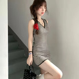 DAIIIBABYYY  -  Pure Sexy Lace Edge V-neck Dress Women's Summer Plaid Patchwork Slim Sleeveless Hip Wrap Short Dress Fashion Female Clothes