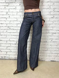 Daiiibabyyy  Blue Lace Patchwork Jeans Women Y2k Vintage Low Waist American Style Straight Denim Trousers Slim Grunge Streetwear