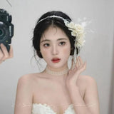 Daiiibabyyy  French Exquisite Bridal Headbands Feather Pearls Bride Headress Flower Luxury Wedding Headwear Bride Accessories