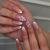 Daiiibabyyy  24Pcs French White Gradient Almond Press on Nails Flower Pattern False Nails with 3D Rhinestone Design Fake Nail Art