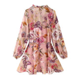 Daiiibabyyy  Ruffles V neck Floral Print Chiffon Full Sleeve Dress Woman Ball Tassel Lacing up Bow Waist Mini Summer Dresses Femme Robe