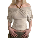 Daiiibabyyy  Short Sleeve Blouse For Woman Off Shoulder T-shirt Top Fitted Square Neck Tops Vintage Crop Top Beige Ruched Ribbed Knit
