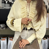 Daiiibabyyy  2025 Elegant Sexy Chiffon Summer Tops Pleated Ruffles Trim V-neck Long Sleeved Sheer Loose Shirts Blouse Holiday Streetwear