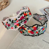 Daiiibabyyy  Vintage Flower Chiffon Embroidery Headband For Women Elegant Ethnic Lace Wide Headband Hair Hoop Hair Accessories Wholesale