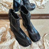 Daiiibabyyy  Autumn Winter Fashion Elastic Band Split Toe Women Ankle Boots Comfortable Soft Leather Med Heeled Tabi Chunky Short Boots Shoes