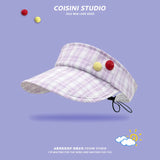 DAIIIBABYYY  -  Korean New Small Fresh and Sweet Plaid Button Empty Top Hat Women's Summer Outdoor Versatile Sunshade Drawstring Sun Cap Gorras