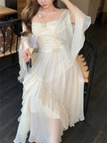 DAIIIBABYYY  -  Women Summer French Elegant Midi Dresses Vintage Folds Solid Ruffle Party Prom Robe Fairycore Neck Mounted New Fashion Dress